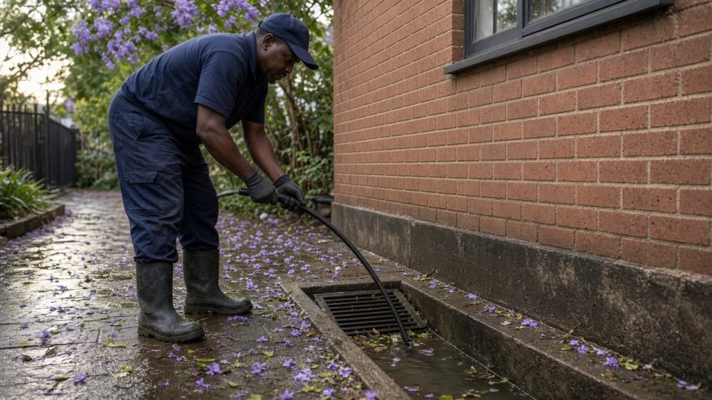 A plumber using drain rods on a flooded outdoor gully beside a face-brick house.