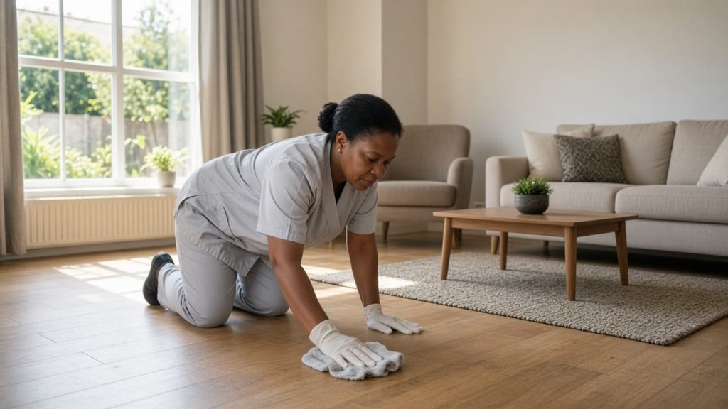 A professional cleaner wiping the floor of a sunlit living room.
