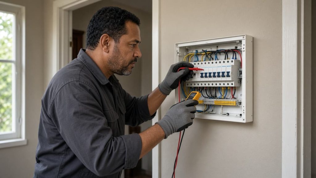 An electrician testing a household distribution board in a South African home.