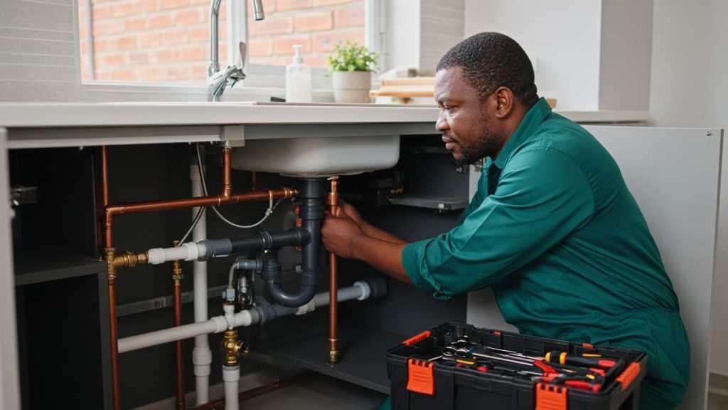 A plumber inspecting the pipes under a kitchen sink in a bright South African home.