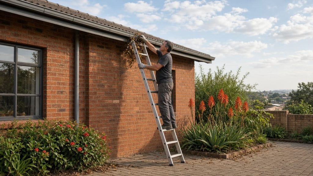 A homeowner clearing leaves from the gutter of a face-brick Gauteng house.