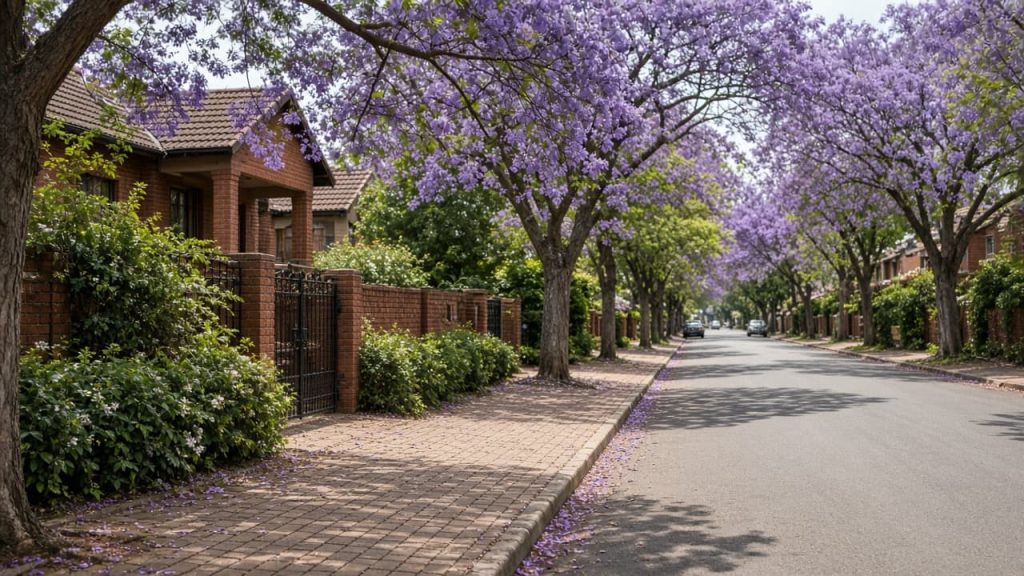 A jacaranda-lined suburban street of face-brick houses in Pretoria East.