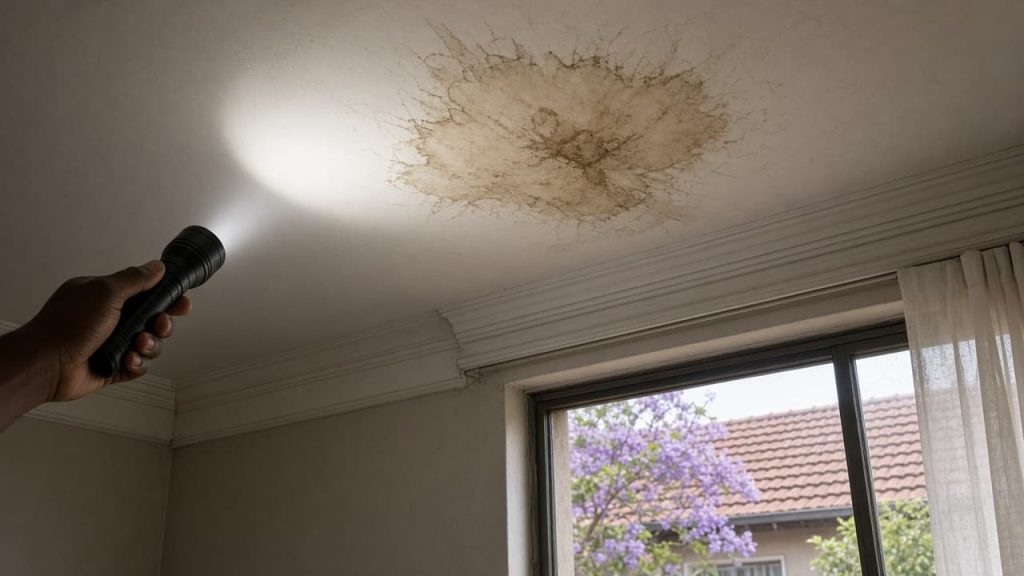 A ceiling stain from a roof leak in a South African lounge, with a tiled roof visible outside.