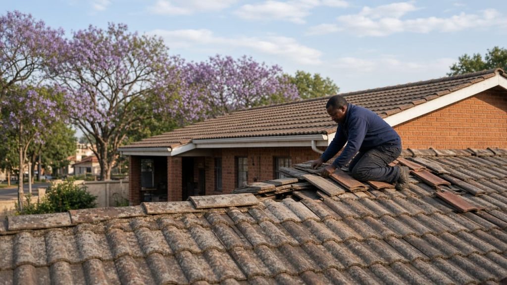 A roofer replacing concrete tiles on a face-brick Pretoria house, with jacaranda trees behind the roof.
